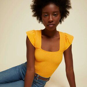 Nation LTD Alicia Square Neck Smocked Mango Orange Small Short Sleeve Tee